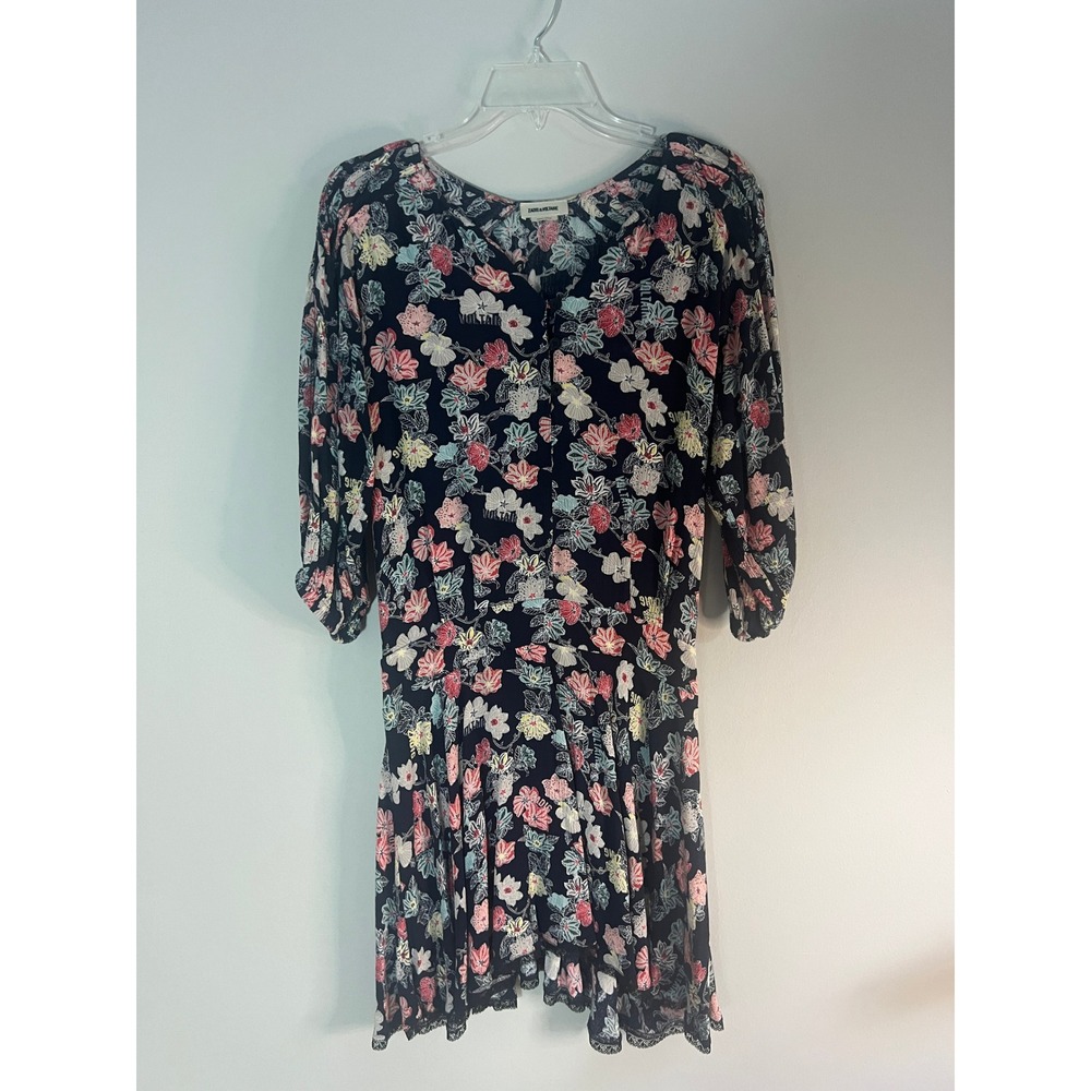 Zadig & Voltaire Floral Lace Trim Mini Dress Navy Pink 3/4 Sleeve V-Neck